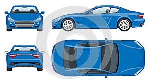 Blue sports car vector template side, front, back top view