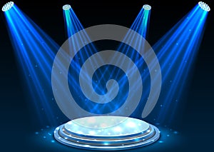 Blue spotlights with white podium on dark background