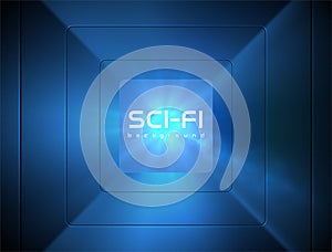 Blue square sci-fi perspective space star light at the end of tunnel design. Vector center lens flare light effect background.