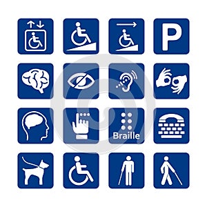 Blue square set of disability icons. Disabled icon set.