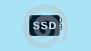 Blue SSD card icon isolated on blue background. Solid state drive sign. Storage disk symbol. 4K Video motion graphic
