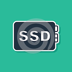 Blue SSD card icon isolated on green background. Solid state drive sign. Storage disk symbol. Vector