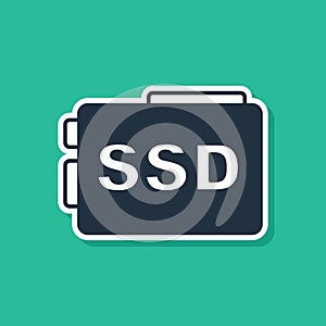 Blue SSD card icon isolated on green background. Solid state drive sign. Storage disk symbol. Vector