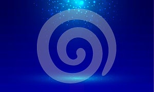 Blue stage background with light rays of spotlight and falling s