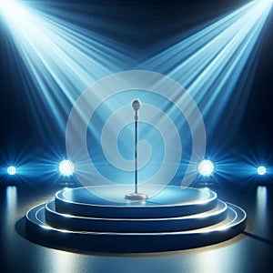 Blue Stage Set with Microphone Under a Bright Spotlight