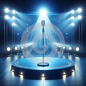 Blue Stage Set with Microphone Under a Bright Spotlight