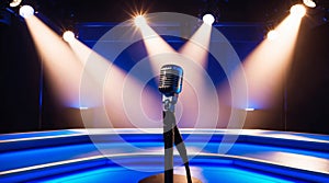 Blue Stage Set with Microphone Under a Bright Spotlight