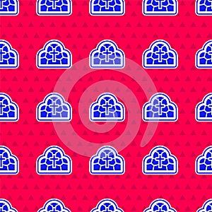 Blue Stained glass ancient cathedral, temple, church icon isolated seamless pattern on red background. Vector