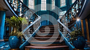 Blue staircase in an abandoned and creepy mansion. Nightmare and haunted mansion concept