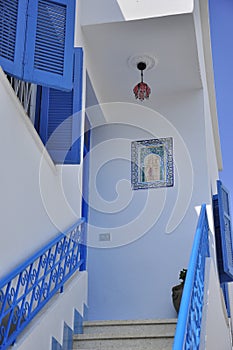 Blue stairs in Tunisia sidi Bou Said Village photo