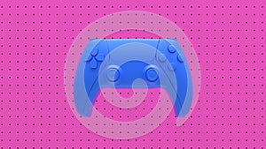 Blue standard videogame controller on a pink background with dots and holes. Blue game joystick. Gamepad for game console. 3d