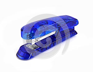 Blue stapler isolated on white background. It is an office tool for stapling paper.