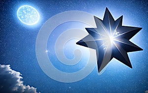 Blue star against night sky with stars and moon 3D illustration.