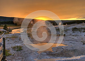 Blue Star Spring At Upper Geyser Basin Yellowstone National Park Shimmering At Sunset