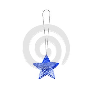 Blue star on white background isolated close up, Ð¡hristmas tree decoration, colorful shiny star shaped bauble, new year decor