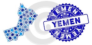 Blue Star Yemen Map Mosaic and Grunge Seal