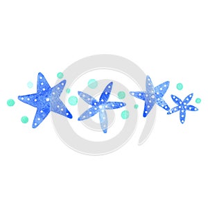 Blue starfish with bubble watercolor border illustration for decoration for marine life.