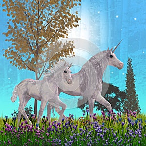 Blue Starlit Unicorn Night with Mare and Foal photo