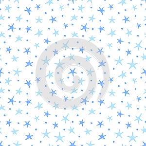 Blue stars. Seamless pattern. Hand drawn cartoon. Vector illustration on white background.