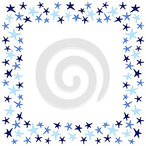 Blue stars on a white background. Hand-drawn square frame. Greeting card template. Vector illustration.