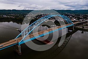 Blue Steel Arch Highway Crossing + Tug Boat / Barge - Moundsville Bridge - Ohio River - Ohio & Moundsville, West Virginia