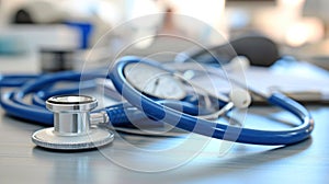 A blue stethoscope and a clock sitting on top of a table, AI