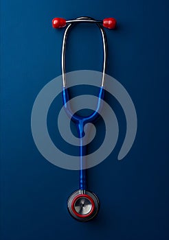 A blue stethoscope on a dark blue background