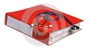 Blue stethoscope and red binder isolated on white