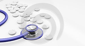 Blue stethoscope and white tablets. White background.