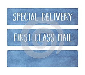 Blue Sticker set. Blank template and with English text variations: `Special Delivery`, `First Class Mail`.