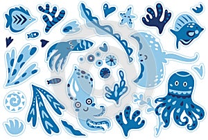 Blue sticker set with flat sea animals in childish style