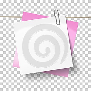 Blue sticky note and white sheet of paper attached metal paper clip on tape. Template for design. Vector illustration