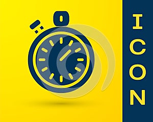 Blue Stopwatch icon isolated on yellow background. Time timer sign. Chronometer sign. Vector