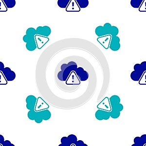 Blue Storm warning icon isolated seamless pattern on white background. Exclamation mark in triangle symbol. Weather icon