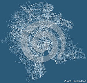 Blue street roads map of Zurich, Switzerland