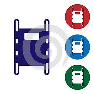 Blue Stretcher icon isolated on white background. Patient hospital medical stretcher. Set icons in color square buttons