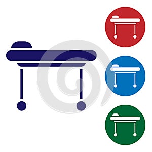 Blue Stretcher icon isolated on white background. Patient hospital medical stretcher. Set icons in color square buttons