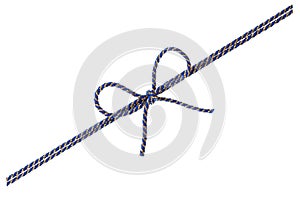 Blue string or twine tied in a bow isolated on white background