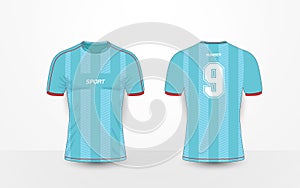 Blue stripe and red pattern sport football kits, jersey, t-shirt design template photo