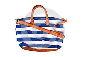 Blue striped beach bag isolated on white