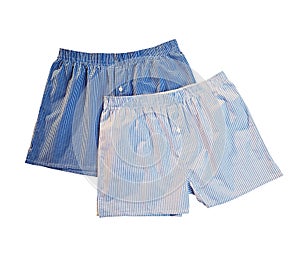 Blue striped and blue plaid men's cotton boxers underpants isolated on white