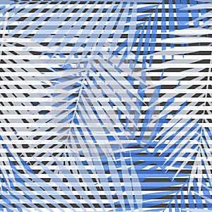 Blue striped palm leaves seamless pattern.