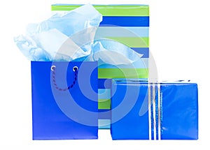 Blue and striped presents and gift bag