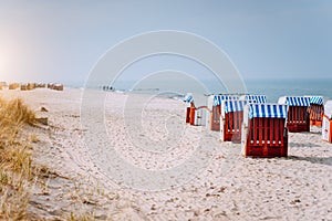 Blue striped roofed chairs on sandy beach in Travemunde in sun light. Dune grass in foreground. North Germany