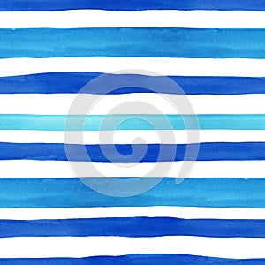 Blue stripes seamless pattern on white background. Summer hand drawn striped watercolor texture