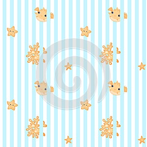 Blue strips vertical lines sea life vector seamless pattern. Hedgehog fish, star fish and corall cartoon  illustrations