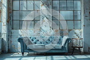 A blue studio couch is placed in front of a window in a room