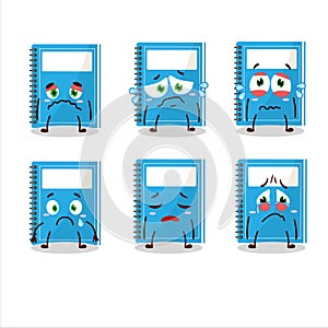 Blue study book cartoon character with sad expression
