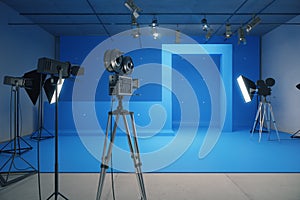 Blue style decoration for movie filming with vintage cameras