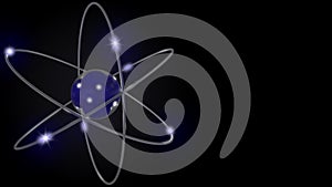 Blue stylized atom and electron orbits. Scientific background with free space for inscriptions. Nuclear, physics, atomic